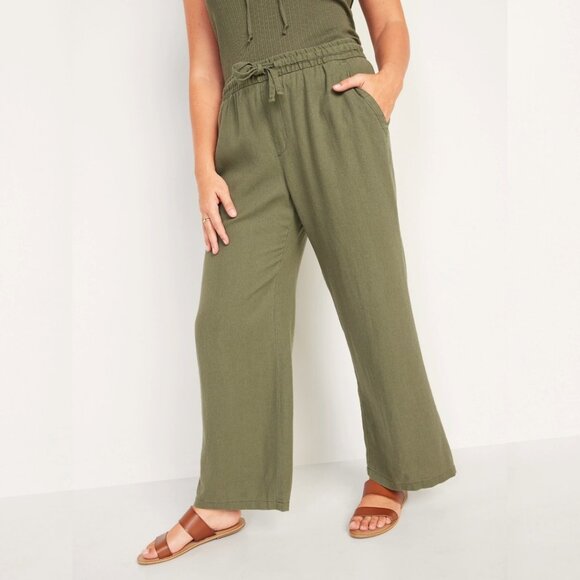 High-Waisted Wide-Leg Linen-Blend Pants | Hunter Green | Drawstring Waist - Picture 1 of 11